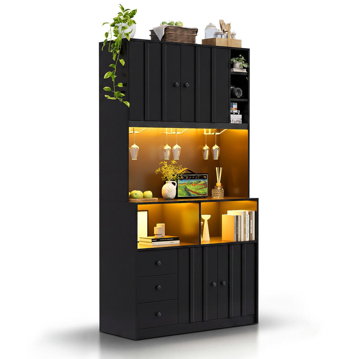 BUFFET 180 cm MDF Schwarz mit RGB-LED, Weinglashalter und Vitrine - Schwarz, Holzwerkstoff (40/180/100cm) - Korfee