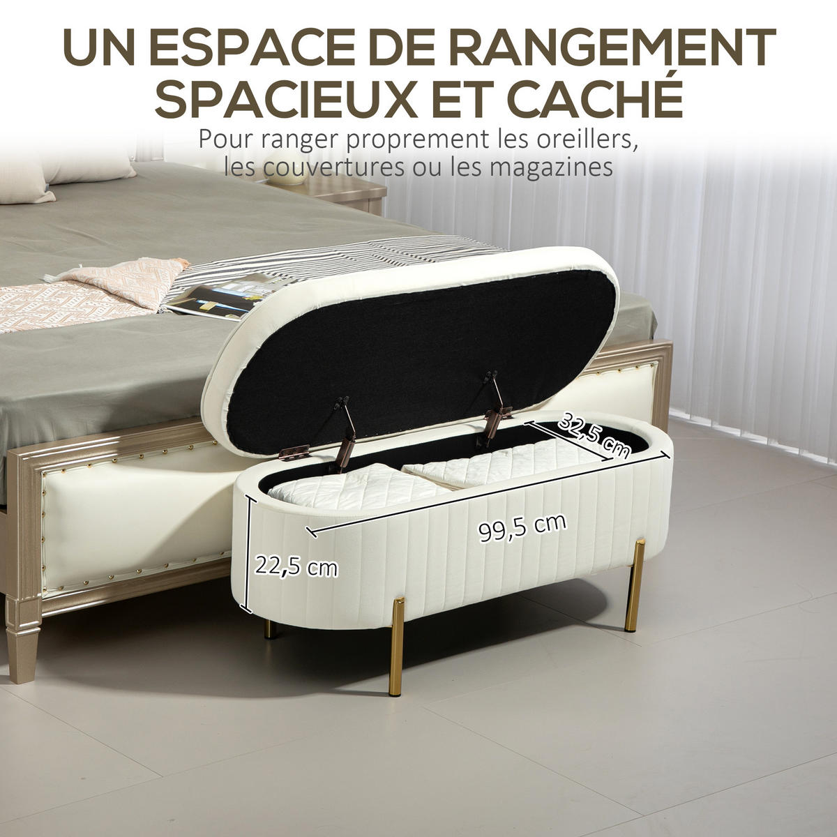 TRUHENBANK DE-16429 oval mit Samtbezug und Stauraum Creme - Creme, Textil (108/43.5/44cm) - ComfortXL