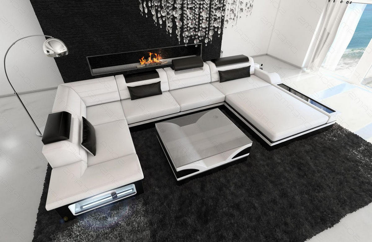 SOFA Mezzo U Weiß Schwarz Kunstleder - Weiß, Textil (372/78/214cm)