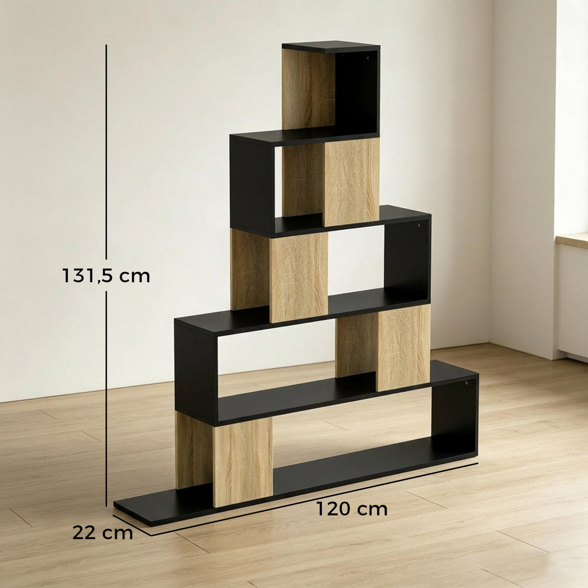 BÜCHERREGAL,5-STUFIG geometrisch,schwarz-naturholz - Schwarz, Holzwerkstoff (120/131.5/22cm) - Vallsero