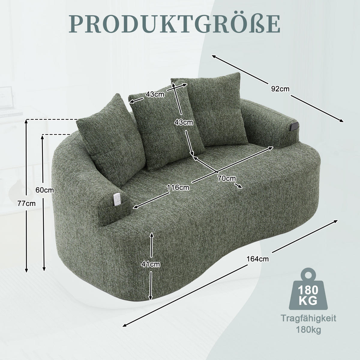 ZWEISITZERSOFA Chenille Grün 164 x 92 x 60 cm - Grün, Holzwerkstoff (164/64/92cm) - Meubliv