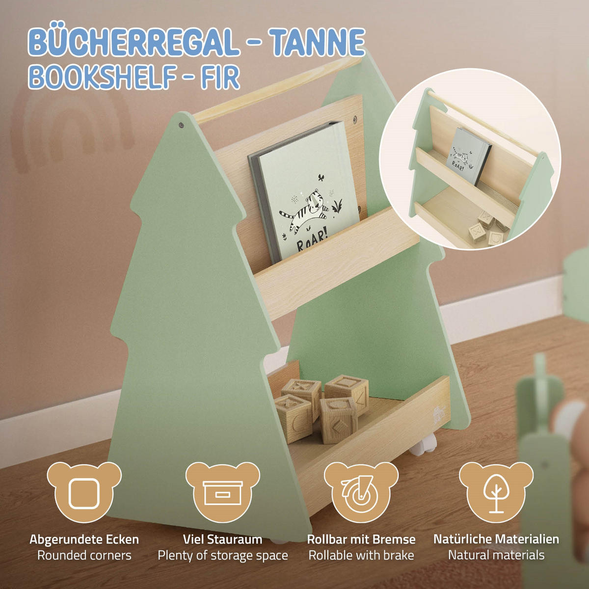 KINDERREGAL Tanne, Grün/Natur - Naturfarben, Holz (60/70/38cm) - Joyz