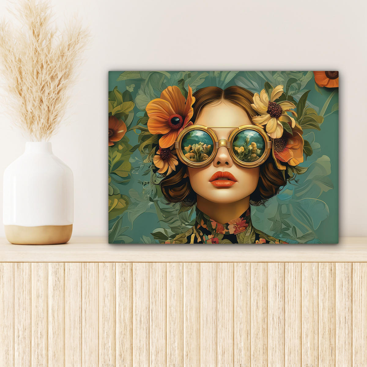 LEINWANDBILD Frau - Blumen - Schmetterlinge - Natur - Vintage Wandbild 40x30 cm - Salbeigrün, Textil (40/30cm) - MuchoWow