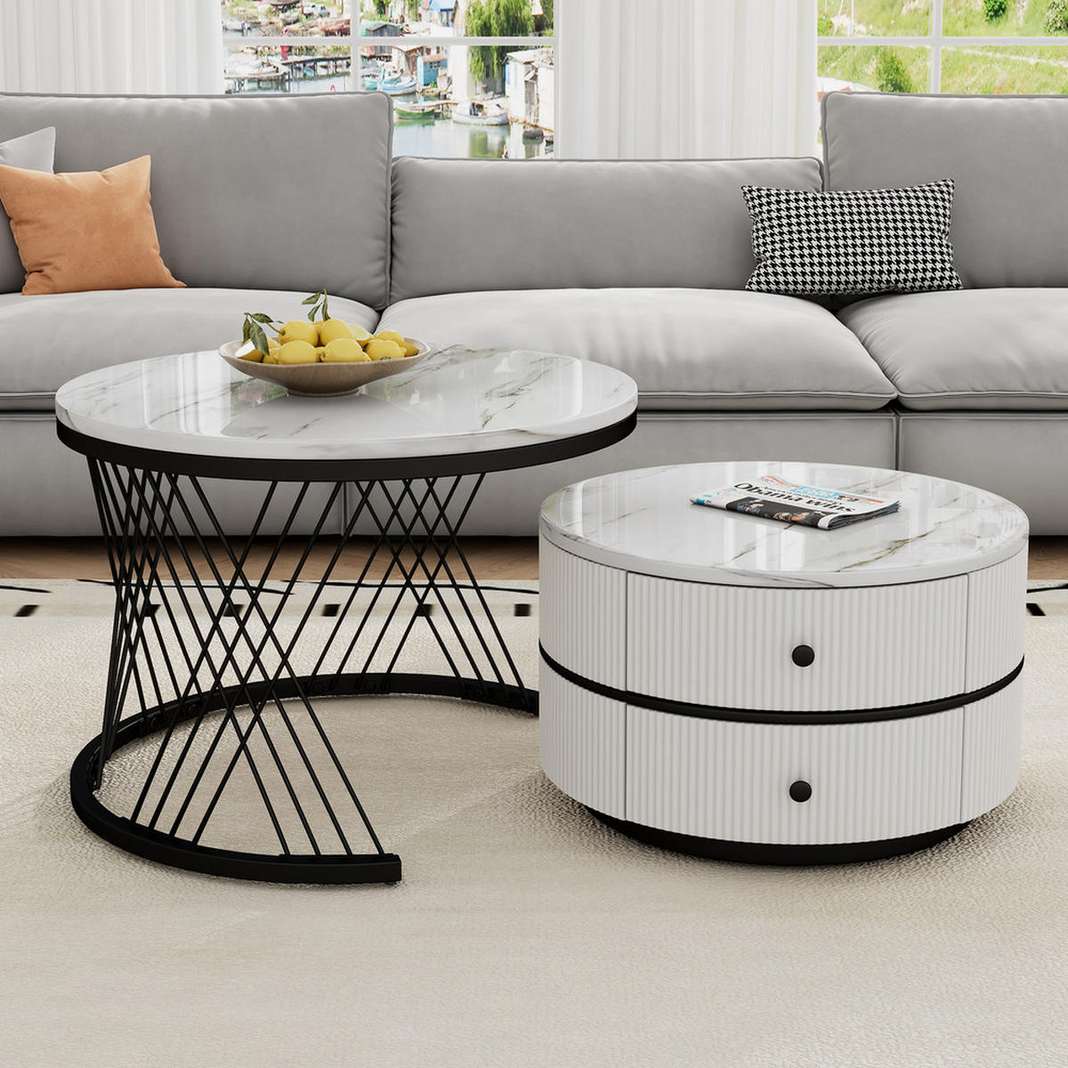 COUCHTISCH Nesting Set 2-tlg Weiß Hochglanz Marmoroptik 2 Schubladen 30kg - Weiß, Holz (68.99/68/41cm) - FLIEKS
