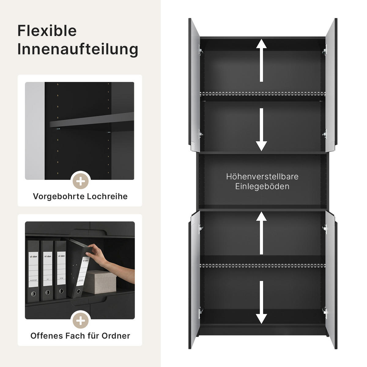 BÜROSCHRANK Logan Fronten in Schwarz matt - Schwarz, Holzwerkstoff (82/184/37cm) - Vladon