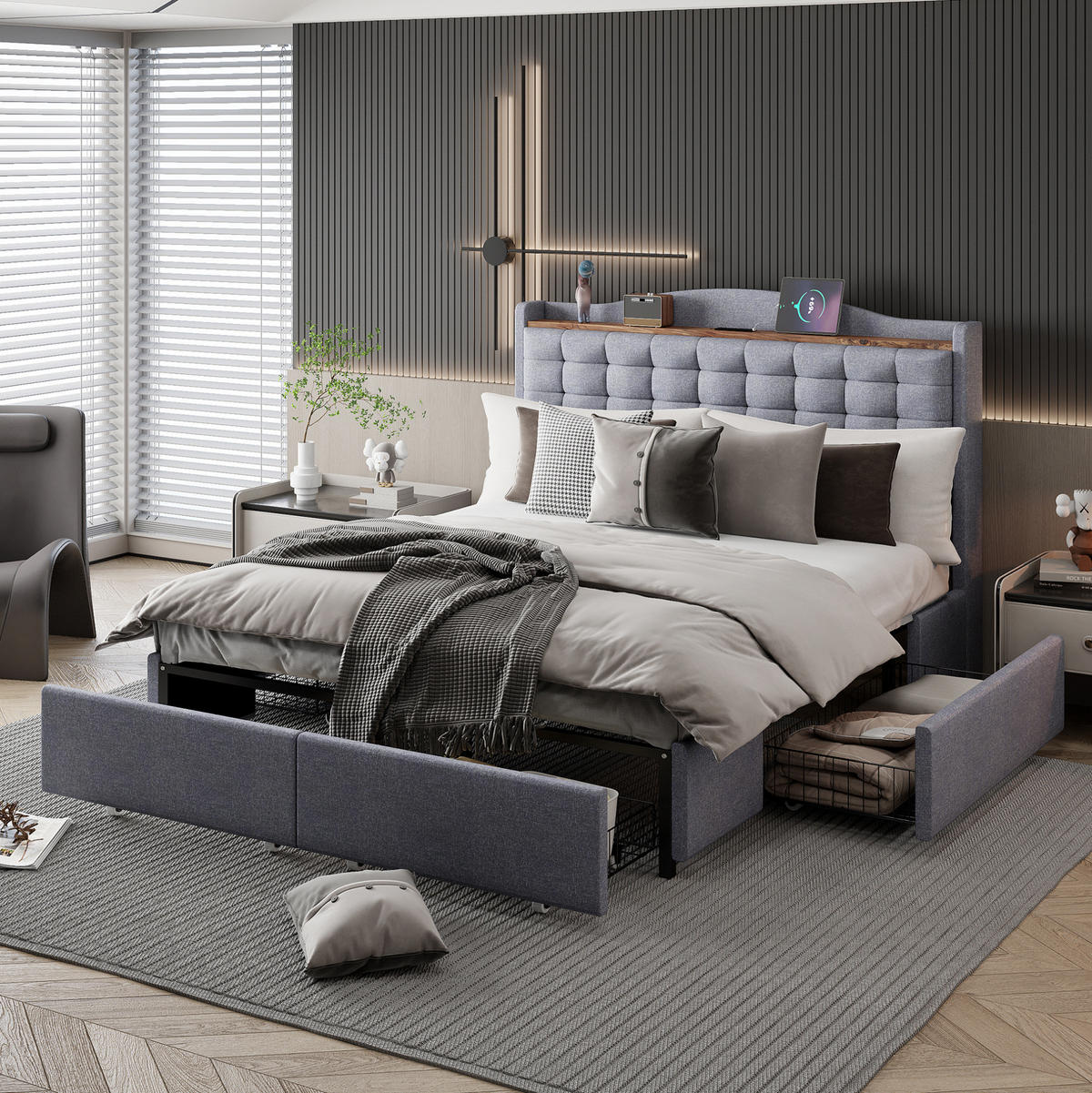 POLSTERBETT 140/200 cm mit 4 Schubladen und USB-Anschluss, grau - Grau, Textil (140/200cm) - BEAOK