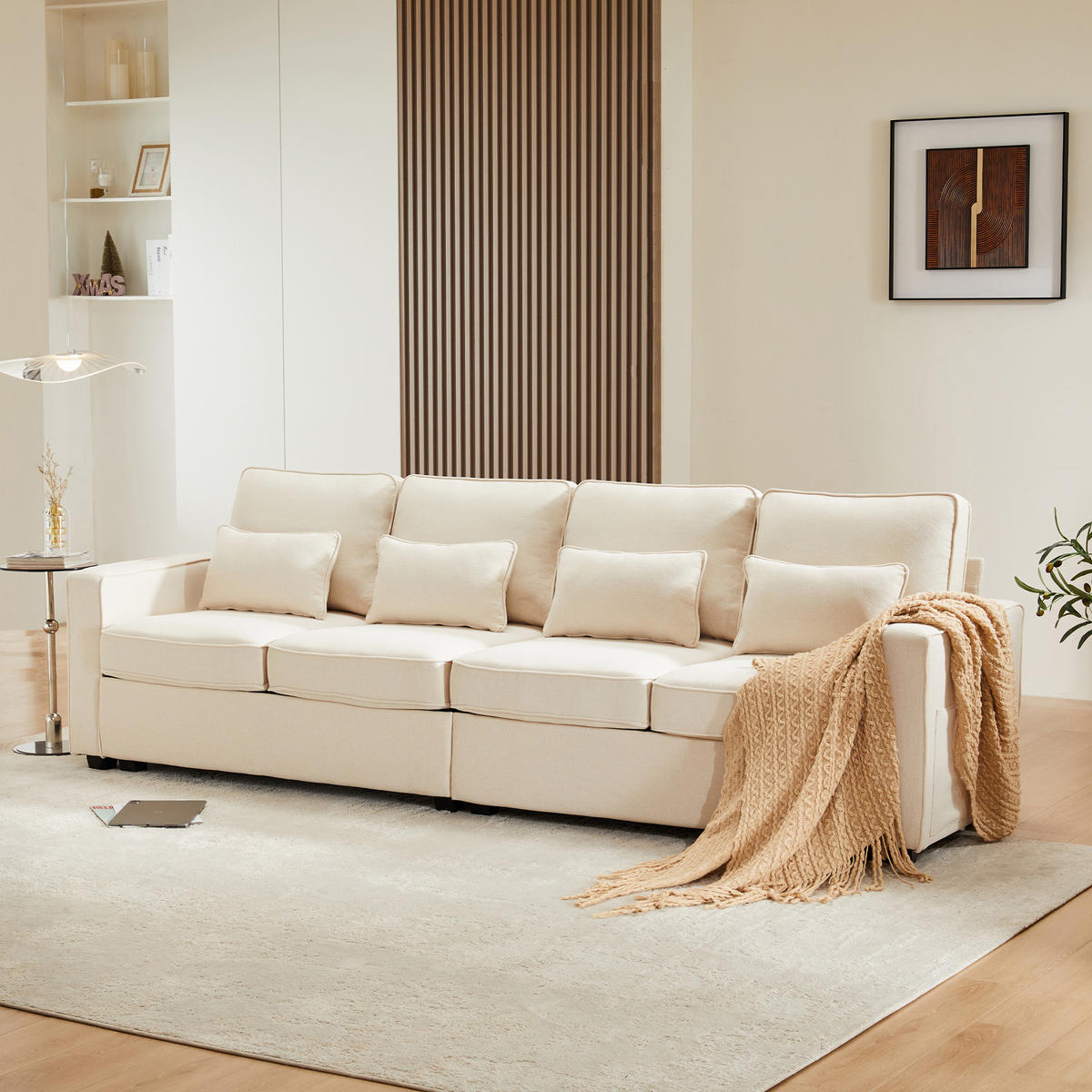 4-SITZER Sofa Leinenstoff mit Armlehnentaschen und 4 Kissen 264/83/87 cm Beige - Beige, Textil (87/264/83cm) - Redom