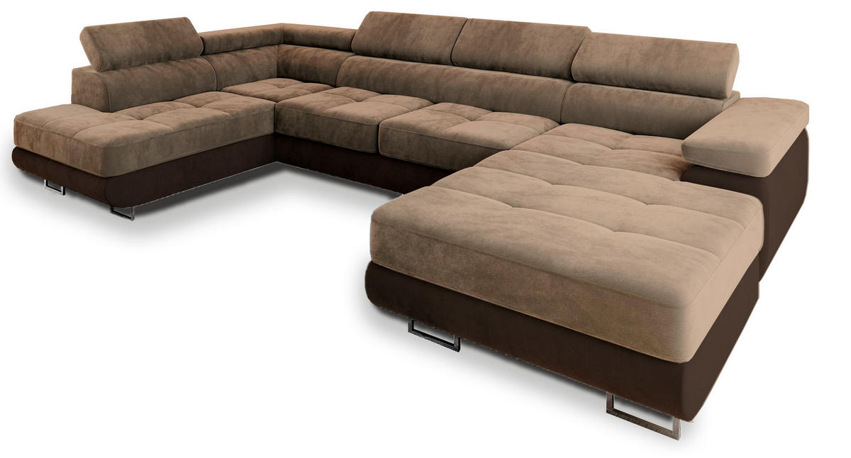 WOHNLANDSCHAFT CASONE L-S Beige Velours-Stoff mit Schlaffunktion - Beige, Holz (345/90/202cm) - MASSENO