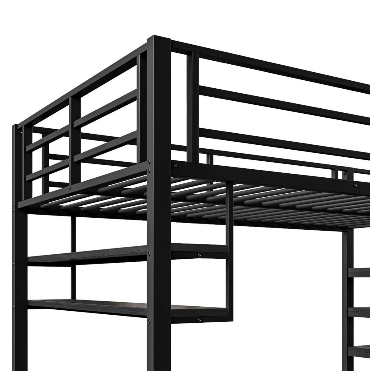 VYVÝŠENÁ dětská postel z kovu a MDF 140x200 cm černá s policemi, úložným žebříkem a prostorem pod lůžkem - černá, kov (140/200cm) - Modfu