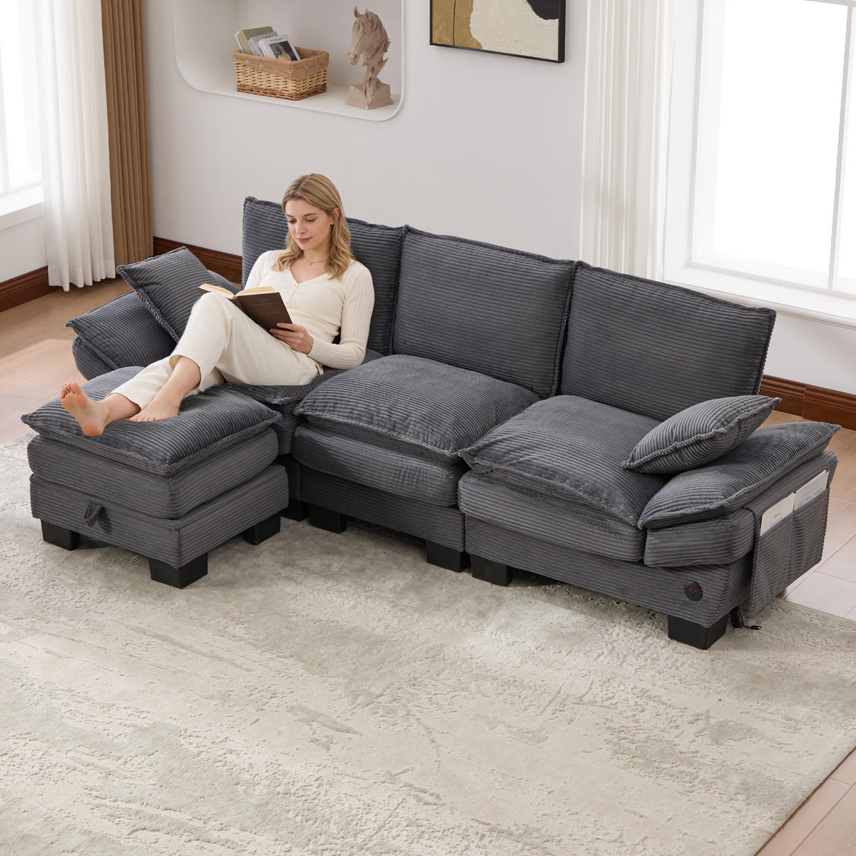 3-SITZER Sofa aus Cord 260x132x84 cm mit USB-C & Hocker, dunkelgrau - Dunkelgrau, Textil (132/84/260cm)