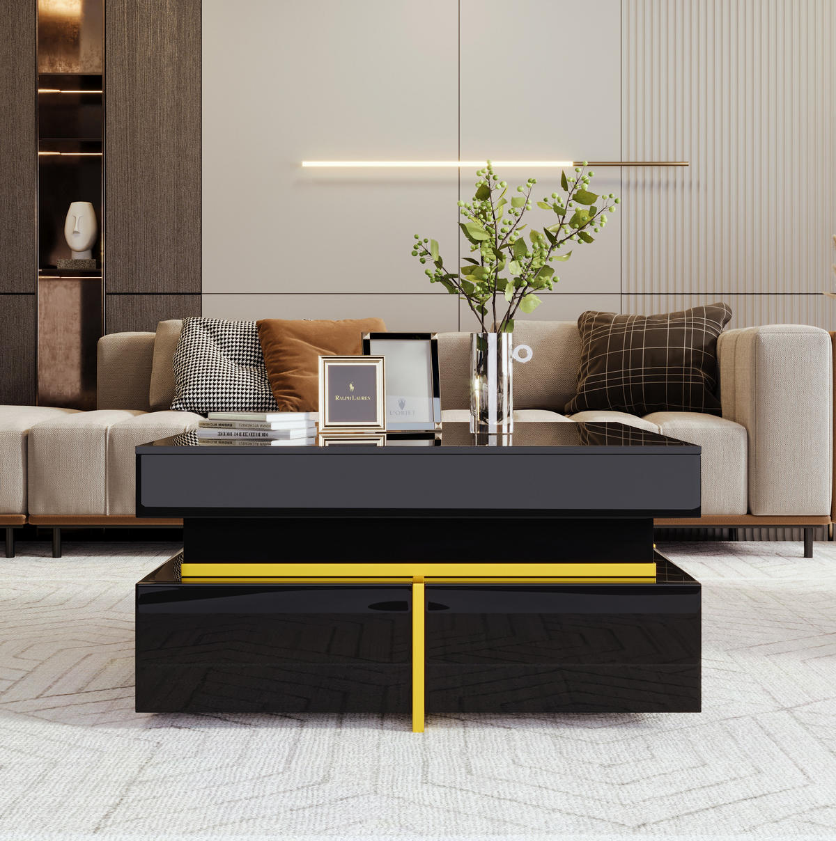 COUCHTISCH aus Spanplatte 70x70x35,5 cm Schwarz Hochglanz mit 2 Schubladen und goldfarbenen Akzenten - Schwarz, Holzwerkstoff (70/70/35.5cm) - IVMEU