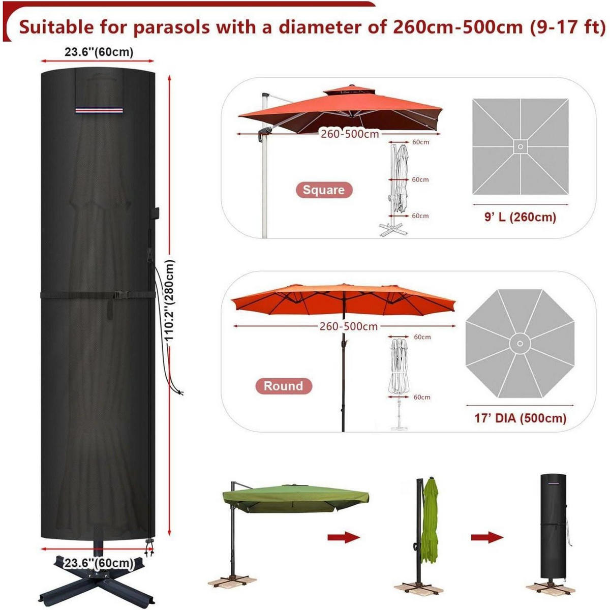 SCHUTZHÜLLE für Ampelschirm 280 x 60/60 cm Wasserdicht - Schwarz, Kunststoff (1/1/1cm)