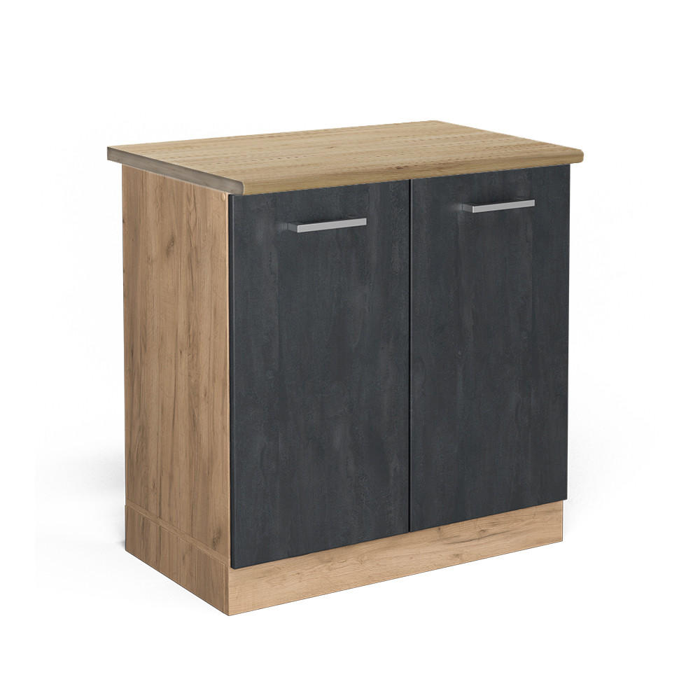 SPÜLENUNTERSCHRANK KÜCHENSCHRANK R-Line Schwarz Beton 80 cm AP Eiche - Eiche Wotan/Schwarz, Holzwerkstoff (80/81.6/60cm) - Vicco