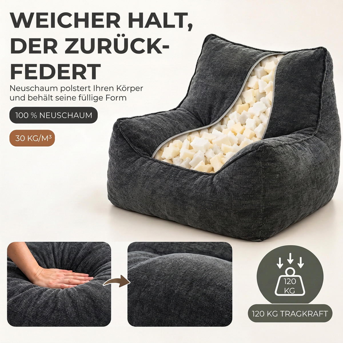 SITZSACK mit Hocker Polyester Grau - Grau, Textil (108/80/109cm) - HOMCOM