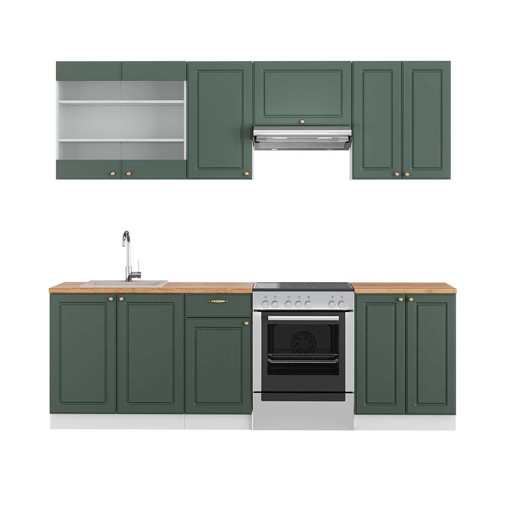 KÜCHENZEILE Fame-Line Grün-Gold Landhaus/Weiß 240 cm, AP Eiche - Weiß/Grün, Holzwerkstoff (240/81.6/60cm) - Vicco