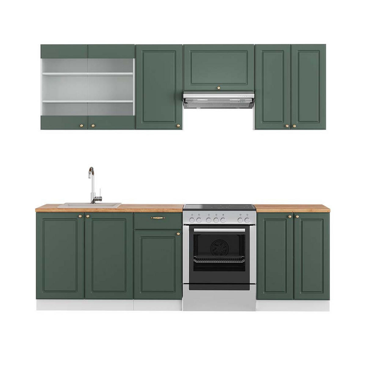 KÜCHENZEILE Fame-Line Grün-Gold Landhaus/Weiß 240 cm, AP Eiche - Weiß/Grün, Holzwerkstoff (240/81.6/60cm) - Vicco