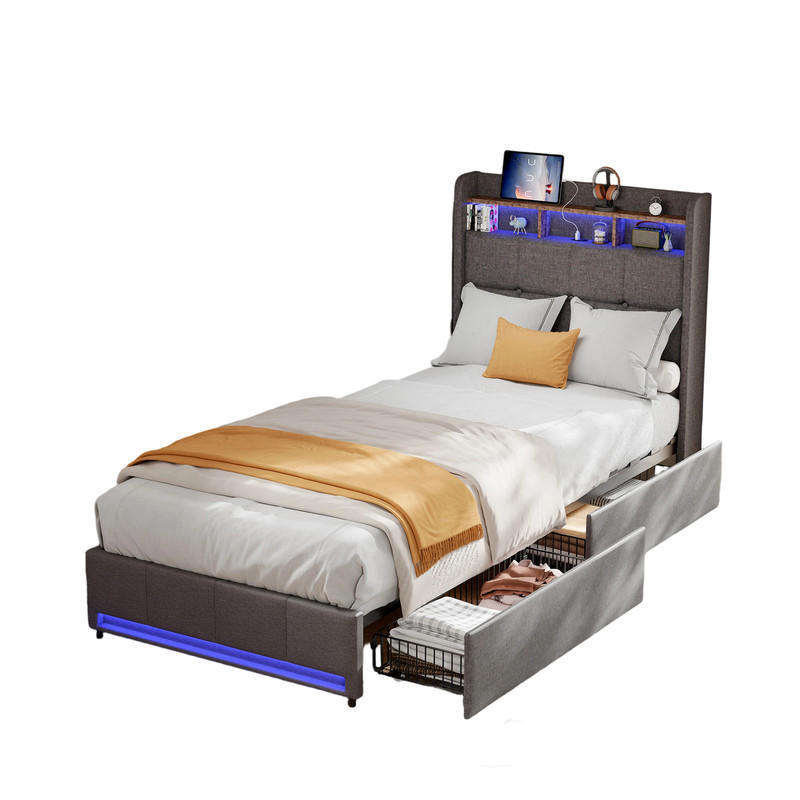 POLSTERBETT 90x200 cm Grau LED USB Typ-C 4 Schubladen - Grau, Holz (90/200cm) - SHOPENTRA