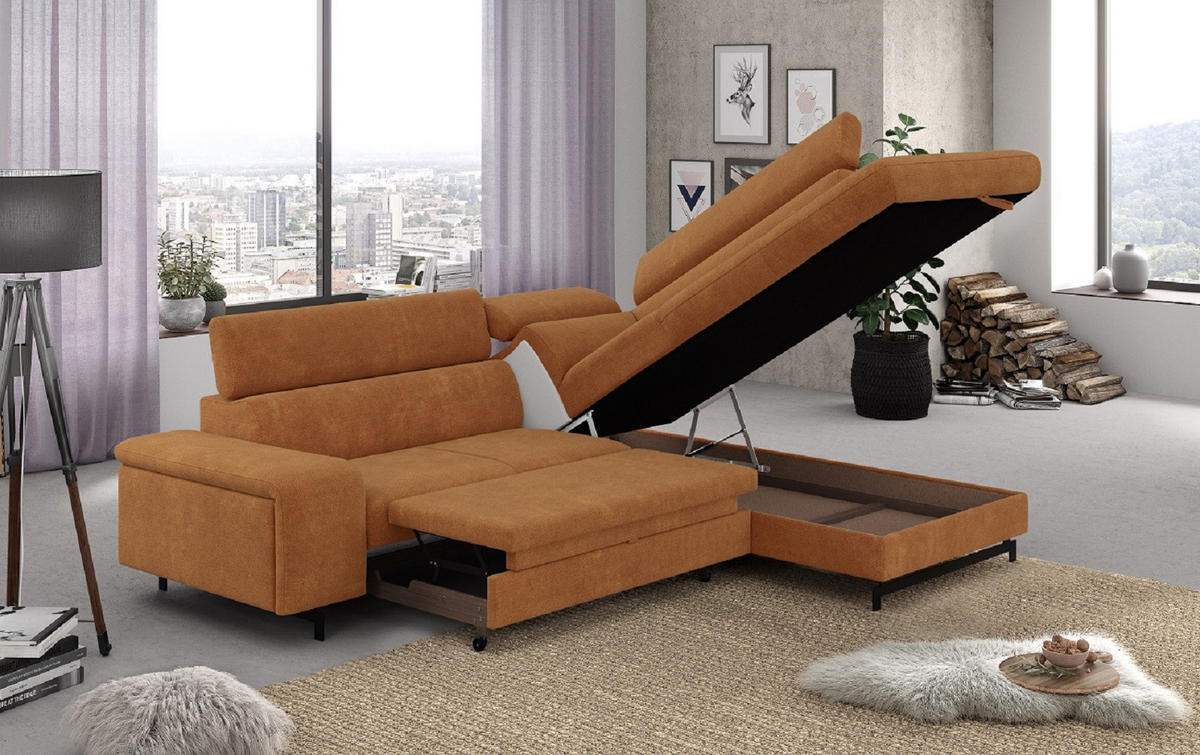ECKSOFA mit Schlaffunktion und Bettkasten - Cognac/Schwarz, Kunststoff/Textil (215/262cm) - Cotta