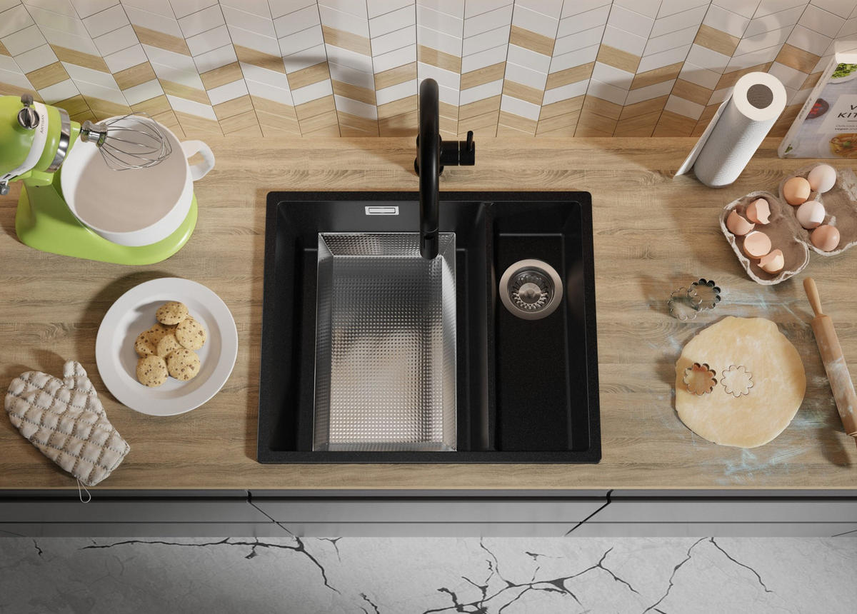 SPÜLBECKEN London Slim Duo, 2-er set Schwarz 56/47 cm 1,5 Becken + Ablauf-Set ab 60er Unterschrank - Chromfarben/Schwarz, Kunststoff (56/20/47cm) - Primagran