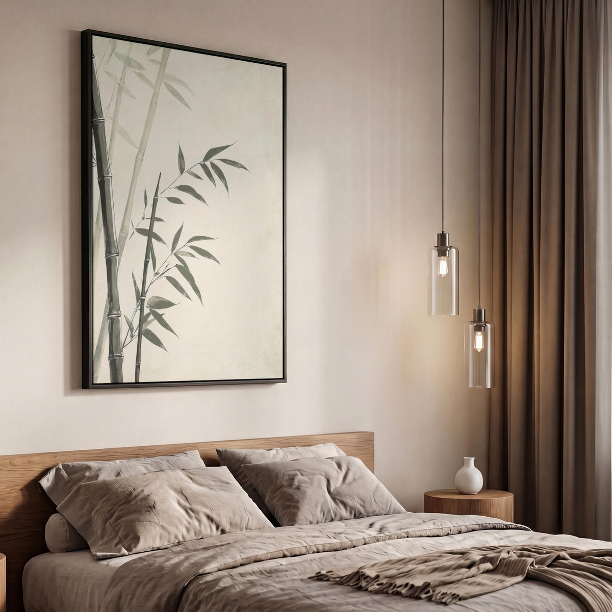LEINWAND Bilder mit Rahmen - Japandi - Bambus - Beige - 60x90 - Eukalyptusholzfarben, Textil (60/90cm) - MuchoWow