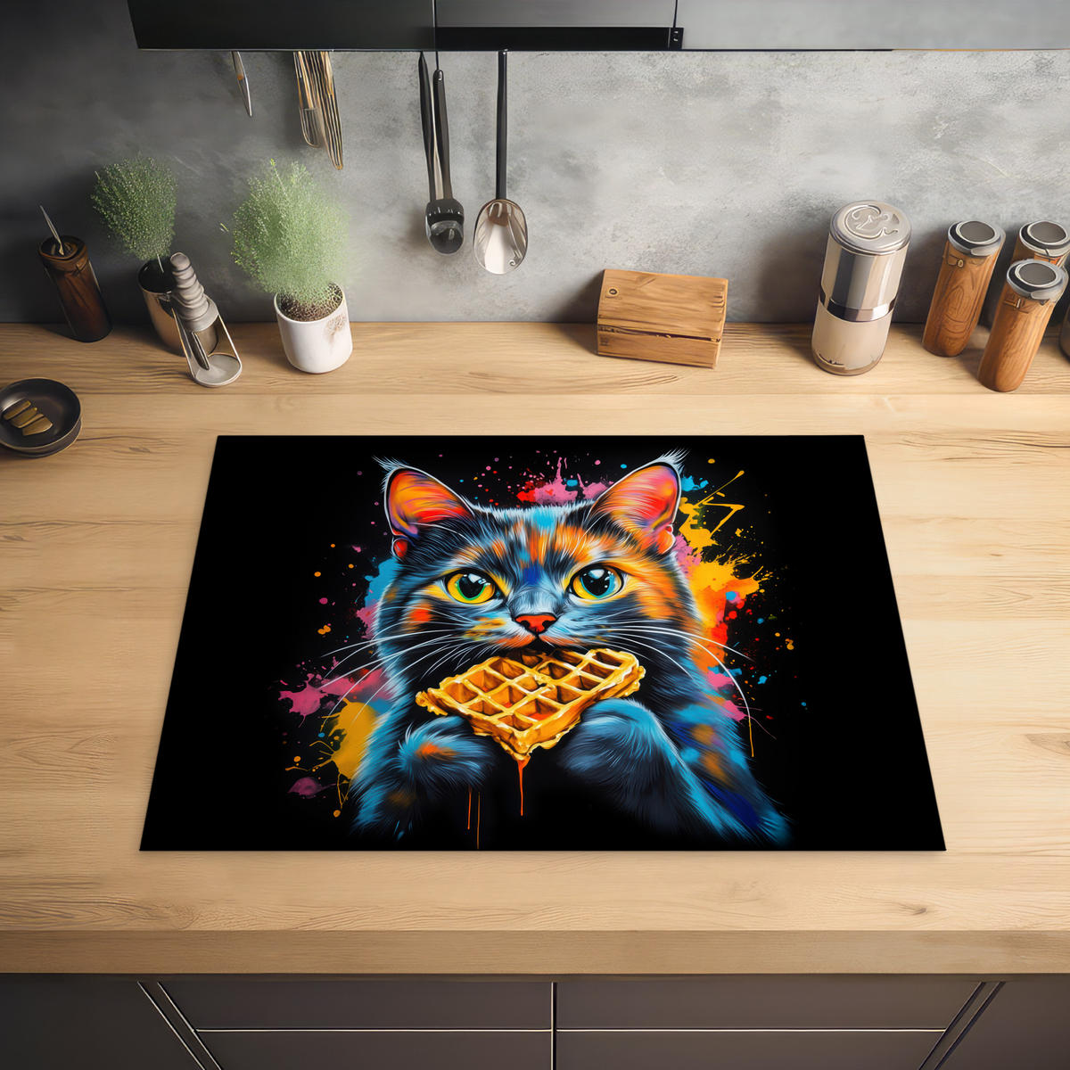 HERDABDECKPLATTE Katze - Graffiti - Bunt - Waffel - Essen Induktionsmatte 71x52 cm - Multicolor, Kunststoff (71/52/0.2cm) - MuchoWow