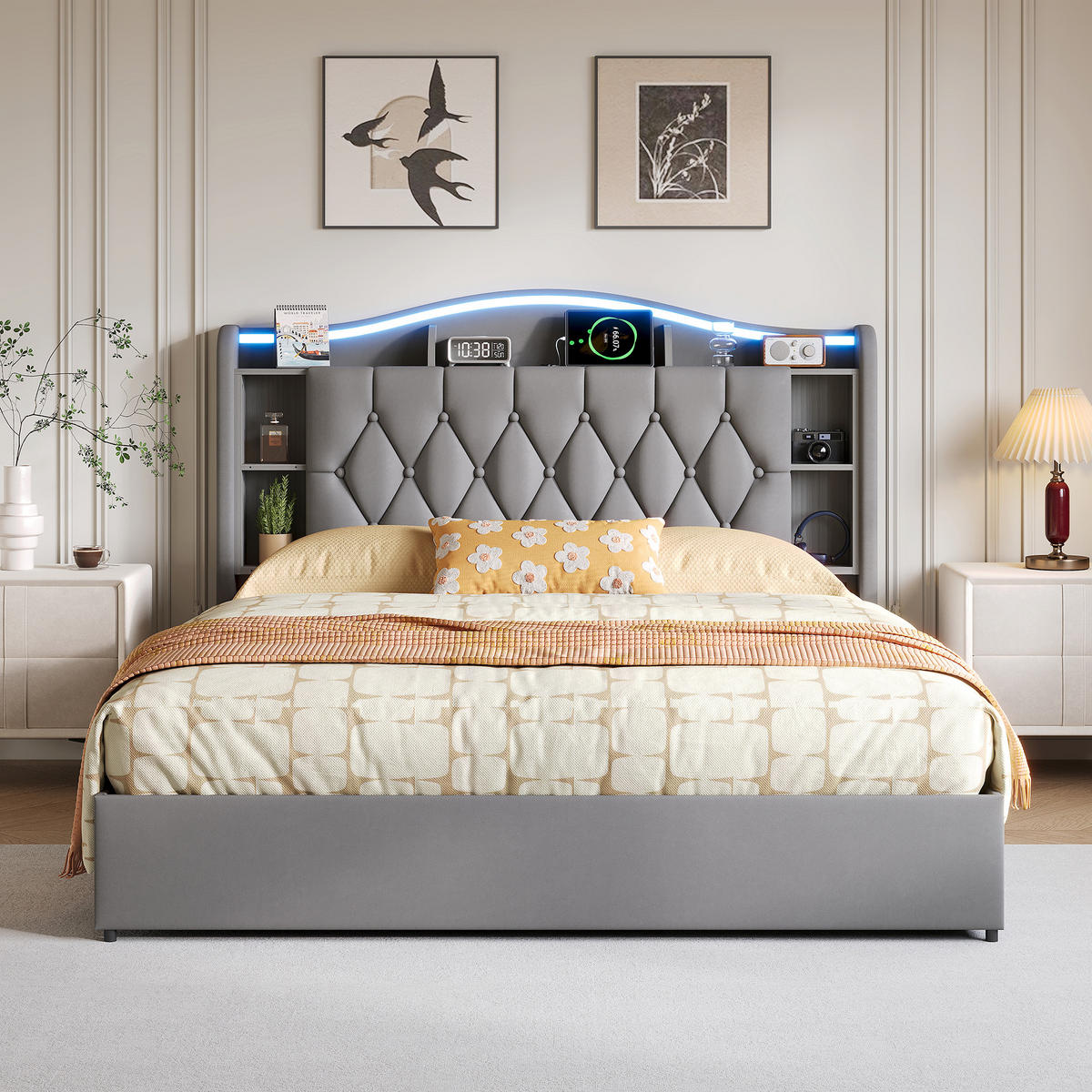 POLSTERBETT 140x190 cm mit Bettkasten, LED & USB, Doppelbett mit Kopfteil Stauraum und kabellosem Laden, Grau - Grau, Metall (140/190cm) - EuroLiving