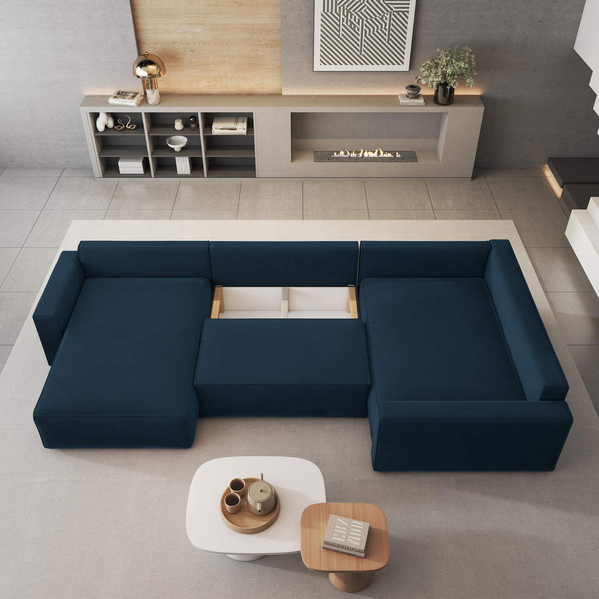 WOHNLANDSCHAFT VELAMI R-S Blau Velours-Stoff mit Schlaffunktion - Blau, Holz (365/83/194cm) - MASSENO