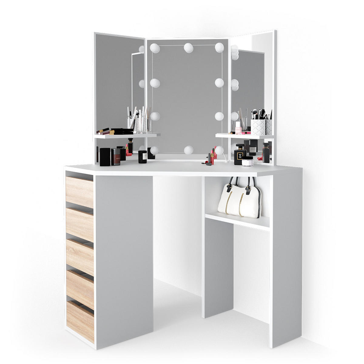 ECKSCHMINKTISCH Arielle Weiß/Sonoma 110 cm mit LED Beleuchtung - Weiß/Sonoma Eiche, Holzwerkstoff (110/141.5/54cm) - Vicco
