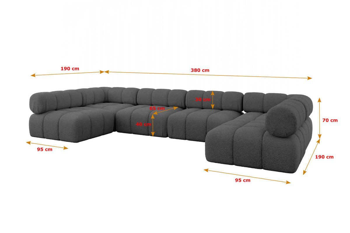 WOHNLANDSCHAFT modulares Sofa Garvo-U2 - 380x190x70 cm Grau Bouclé - Grau, Holzwerkstoff/Textil (380/70/190cm) - ALTDECOR