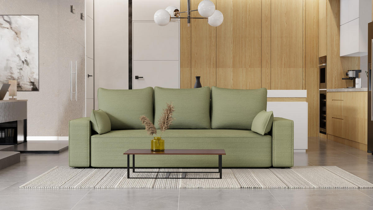 SOFA Vens mit Bettkasten und Schlaffunktion, Cordstoff - Salbeigrün, Holzwerkstoff (242/85/95cm)