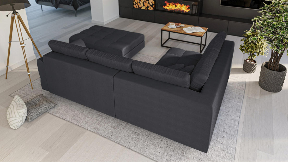 ECKSOFA MIT HOCKER Lorine Mikrofaser Anthrazit - Hellbraun/Anthrazit, Buchenholz/Textil (231/161cm) - S-Style Möbel