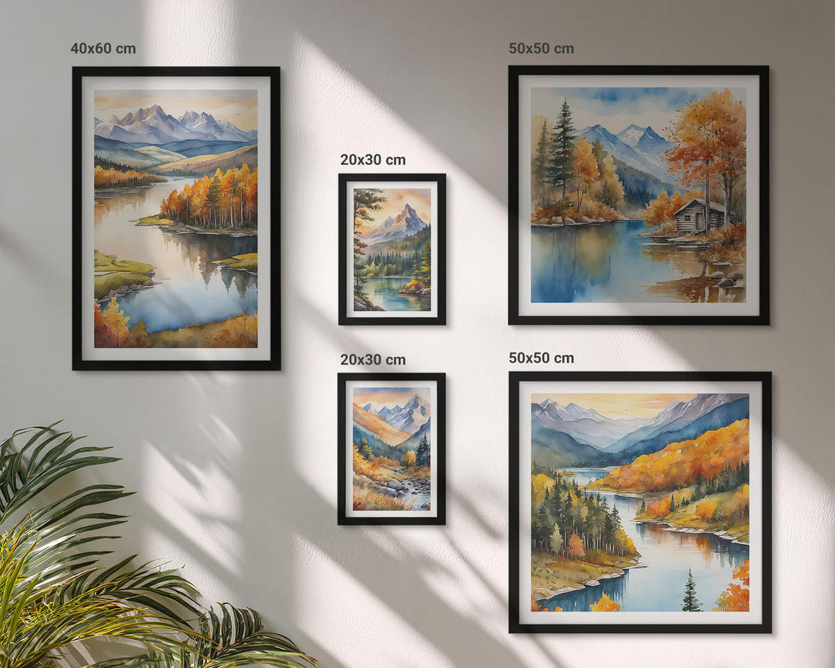 BILDER SET 5er Set - 50x50 cm & 20x30 cm & 40x60 cm Schwarzer Rahmen - Berglandschaft mit einem Fluss - Schwarz, Kunststoff (40/60cm) - TULUP