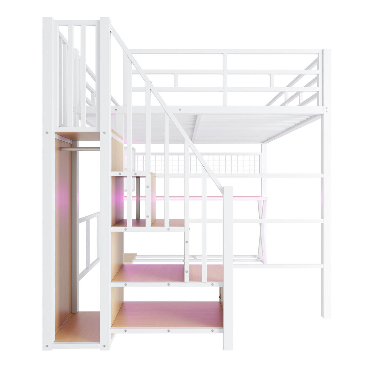 HOCHBETT 160/200 cm mit LED, Schreibtisch und Kleiderschrank, DE-04920, in Weiß - Weiß, Metall (160/200cm) - ComfortXL