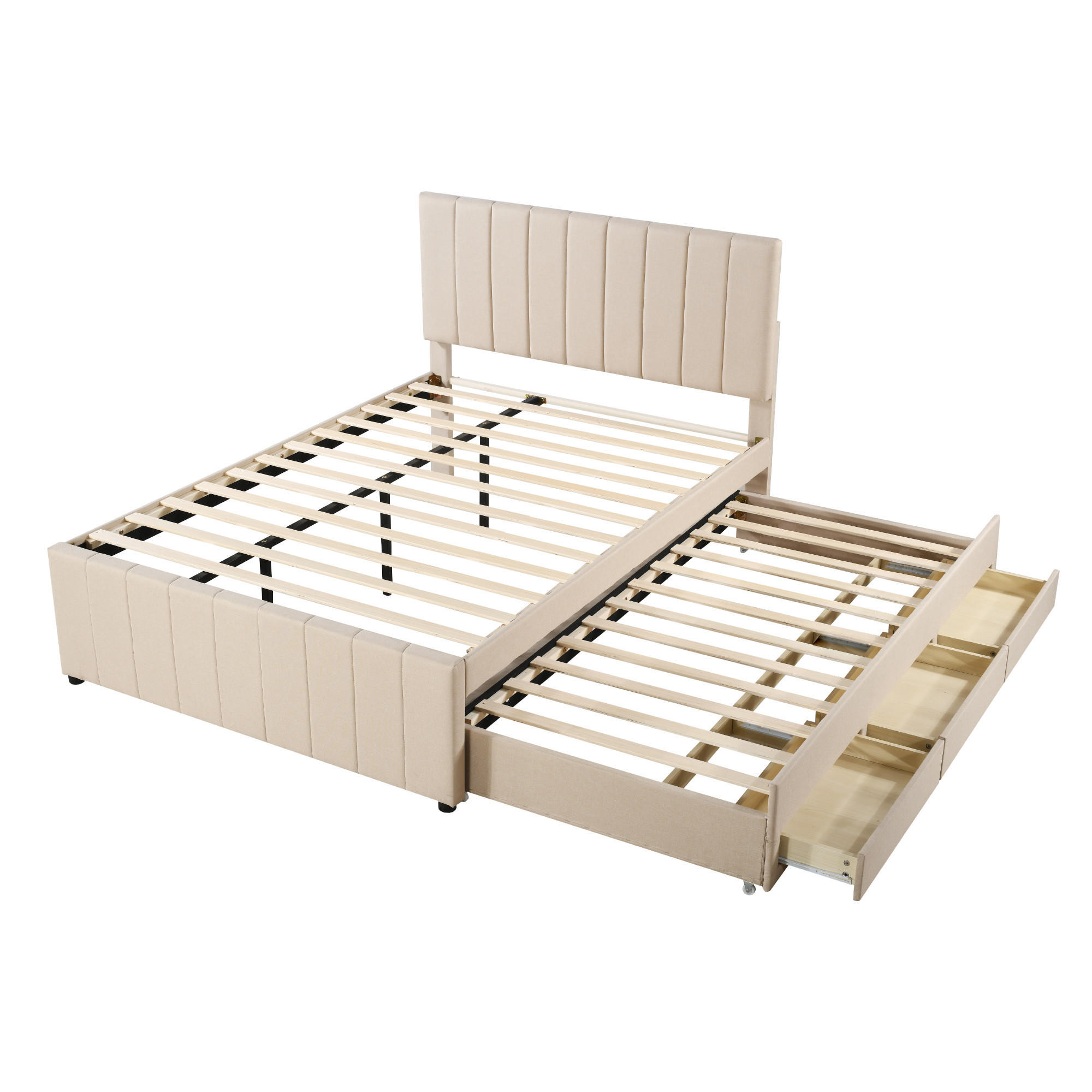 POLSTERBETT 140/200 cm Beige mit Ausziehbett und Schubladen - Beige, Textil (140/200cm) - OKWISH