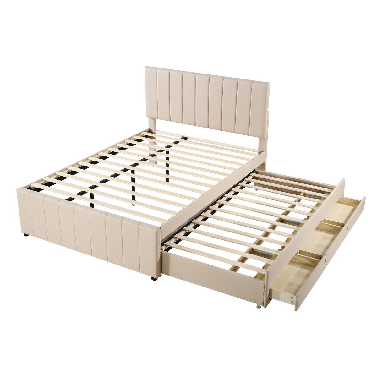 POLSTERBETT 140/200 cm Beige mit Ausziehbett und Schubladen - Beige, Textil (140/200cm) - OKWISH