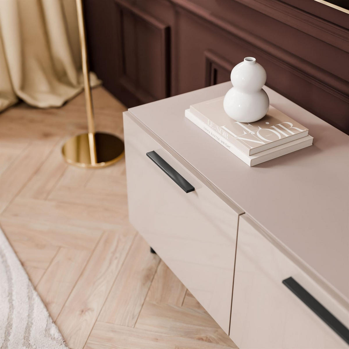 TV-ELEMENT AURA 100 KASCHMIR Hochglanz auf schrägen schwarzen Beinen + LED - Kaschmir/Schwarz, Holzwerkstoff (100/49/40cm) - Lookway