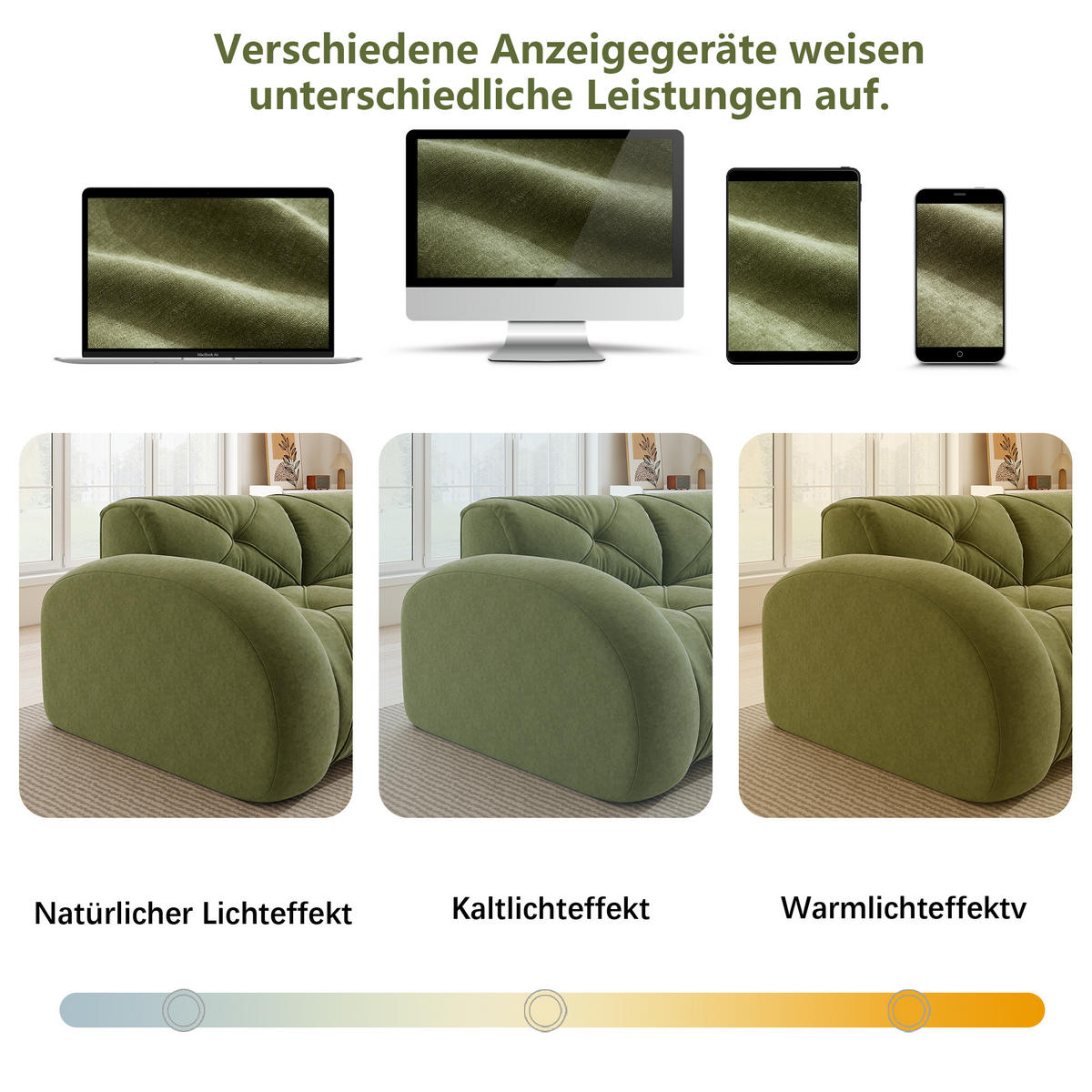 3-SITZER Sofa 281×95×76 cm Chenille rahmenlos modular, grün - Grün, Textil (95/76/281cm)