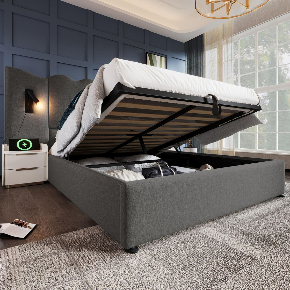 POLSTERBETT 160/200 cm Grau mit Leselampe und USB Type-C Ladefunktion - Grau, Textil (160/200cm) - OKWISH