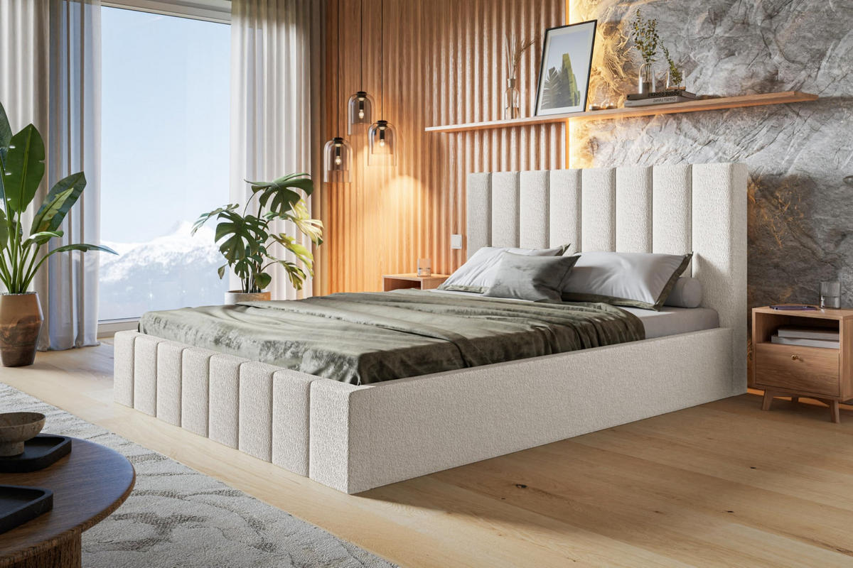 BETT 90x200 - Polsterbett mit Bettkasten und Metallrahmen - Modern Betten - Kuscheliger Catch-Me-Stoff - Kollektion Toledo - Weiß - Weiß, Holz/Textil (90/200cm) - Alpi-Möbel