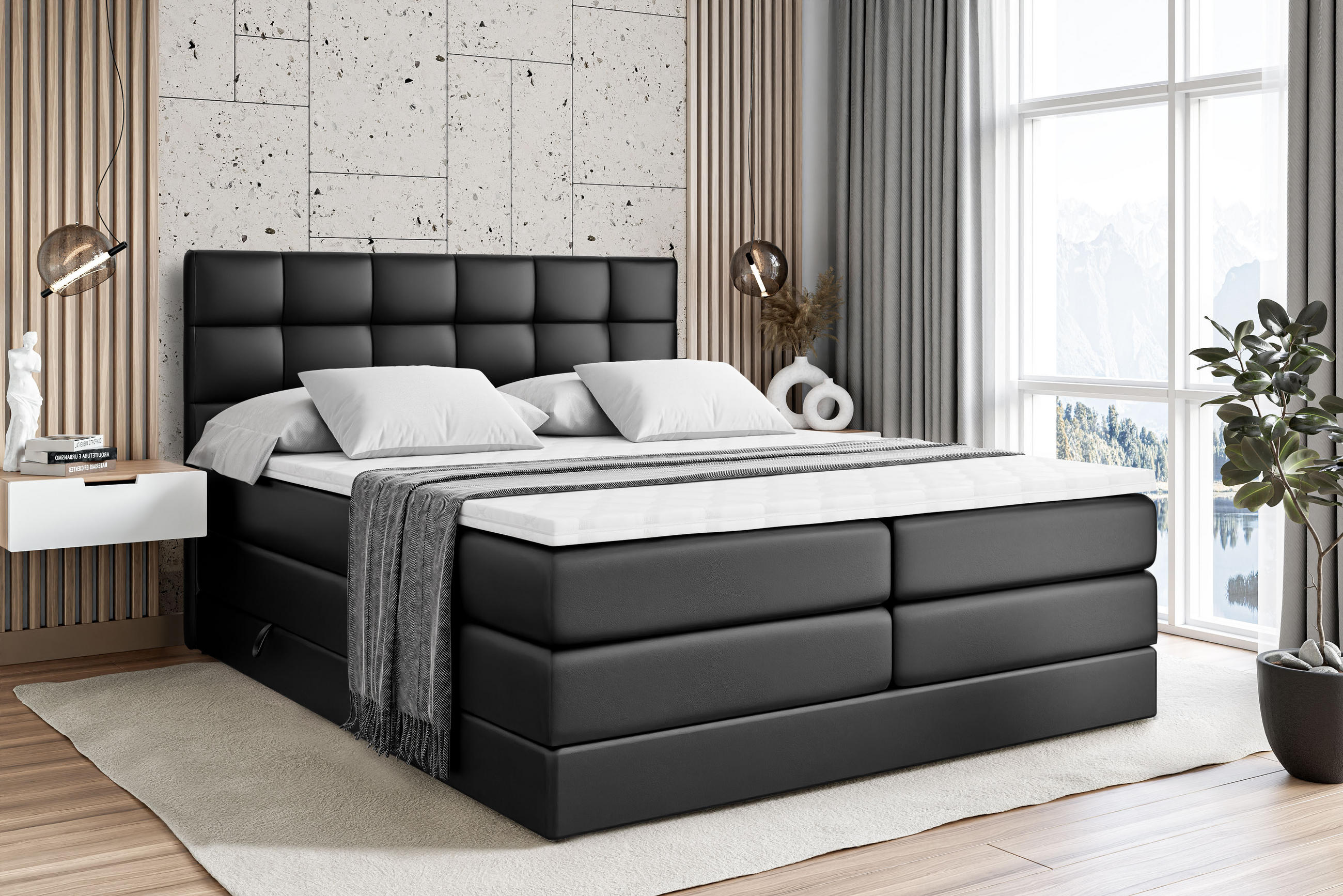 BOXSPRINGBETT APO KING - 200 x 200 - H3/H4 - Schwarz Hochglanz - Schwarz Hochglanz, Holzwerkstoff (200/200cm) - ALTDECOR