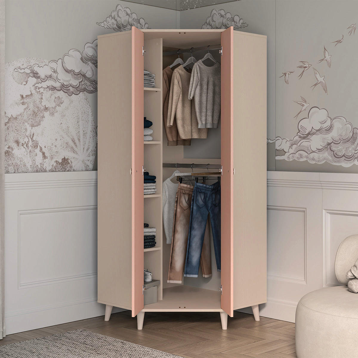 SCHRANK 2 Türen Alycia Beige - Korallenrosa - Holzeffekt - Pink, Holz (80/190/80cm) - Petits-meubles