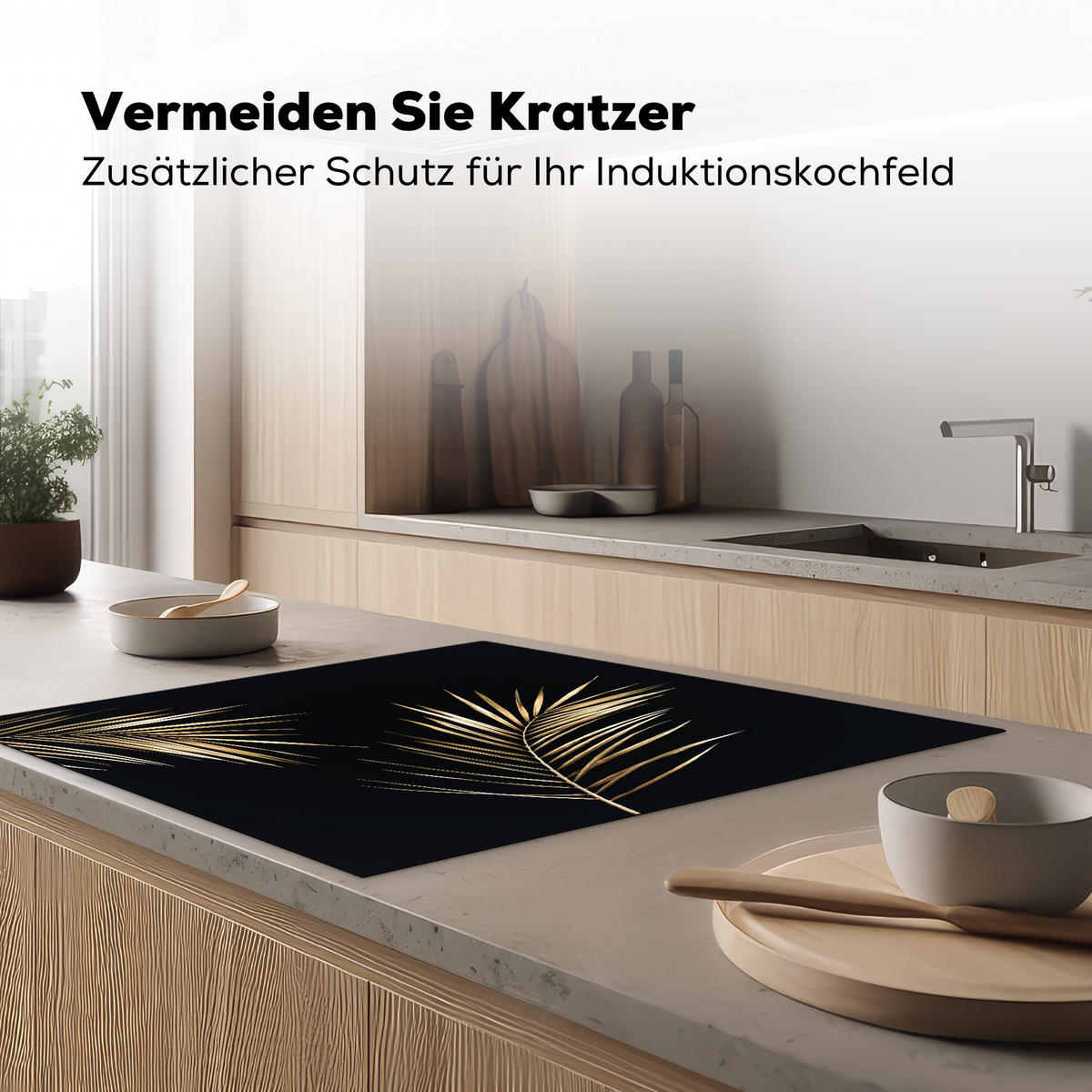 HERDABDECKPLATTE Blätter - Pflanzen - Gold - Schwarz - Luxus 78x78 cm - Goldfarben, Kunststoff (78/78/0.2cm) - MuchoWow