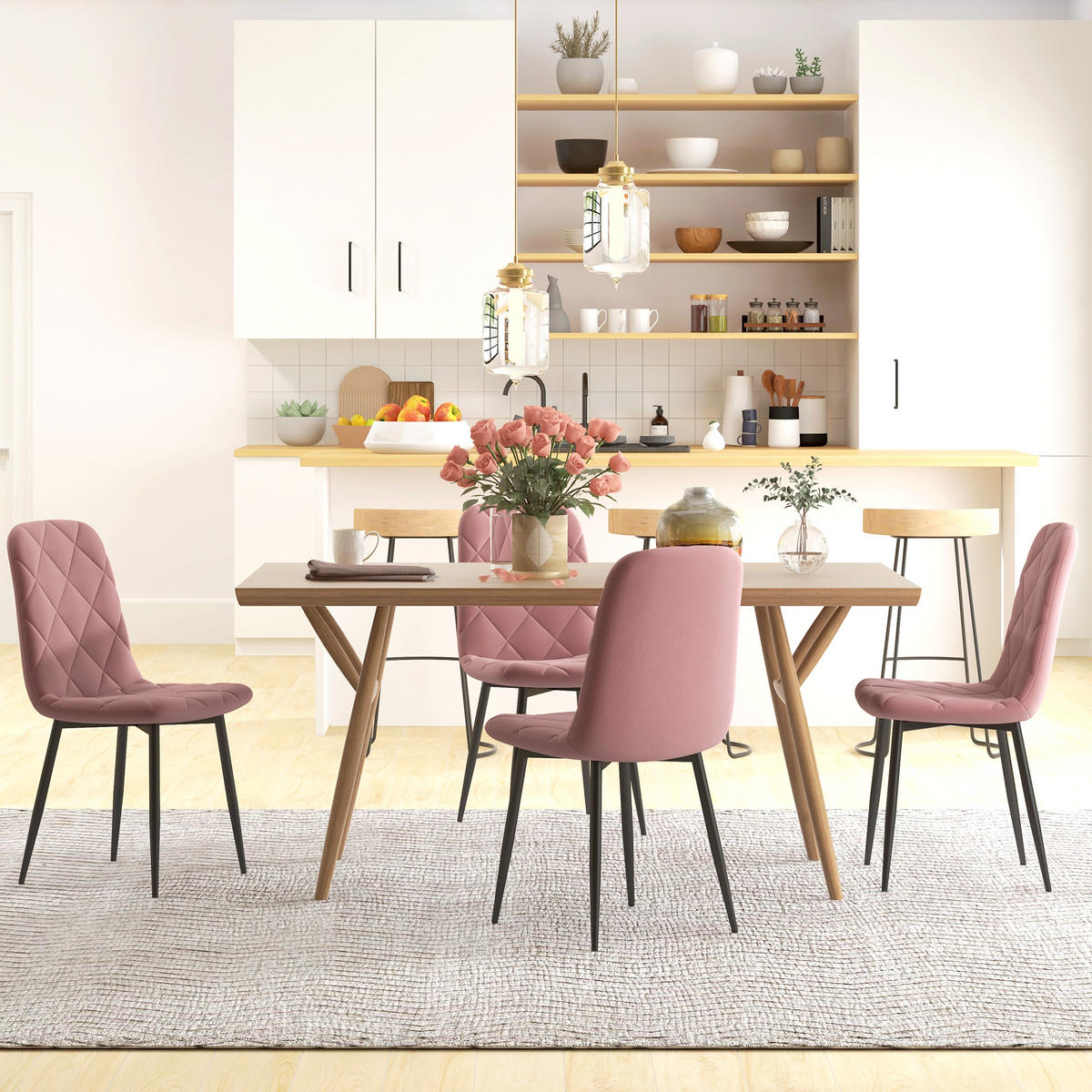 ESSZIMMERSTÜHLE 4er Set Küchenstuhl mit Rückenlehne, Samtoptik, Sessel Rosa - Rosa, Kunststoff (54/87/45cm) - HOMCOM