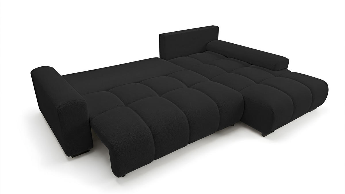 ECKSOFA Ovia mit Bettkasten und Schlaffunktion, Bouclé-Stoff in L-Form - Schwarz, Textil (270/185cm)