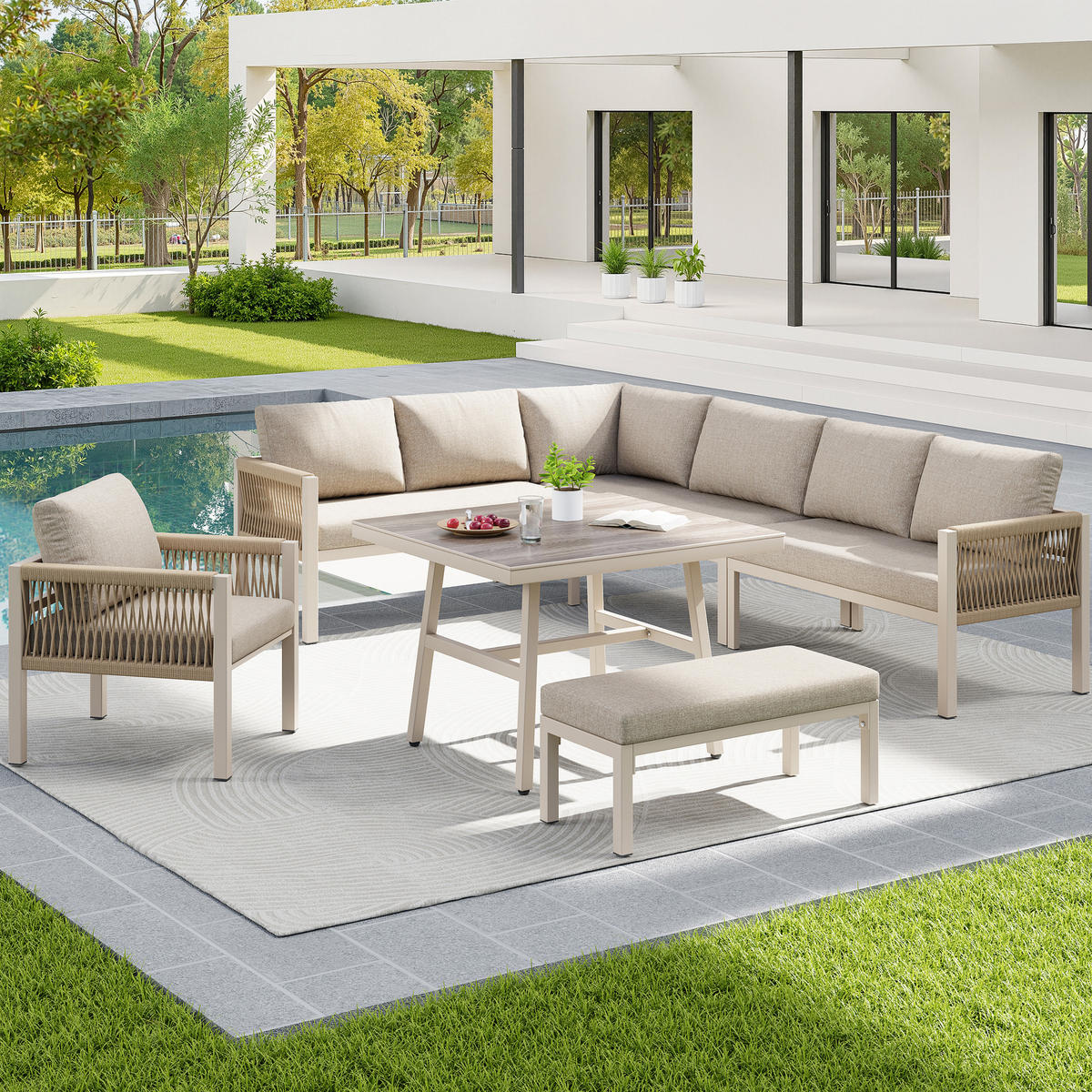 GARTENSET L-Form 8 Personen Beige Inkl. Tisch & 1 Sessel - Beige, Metall - FLIEKS