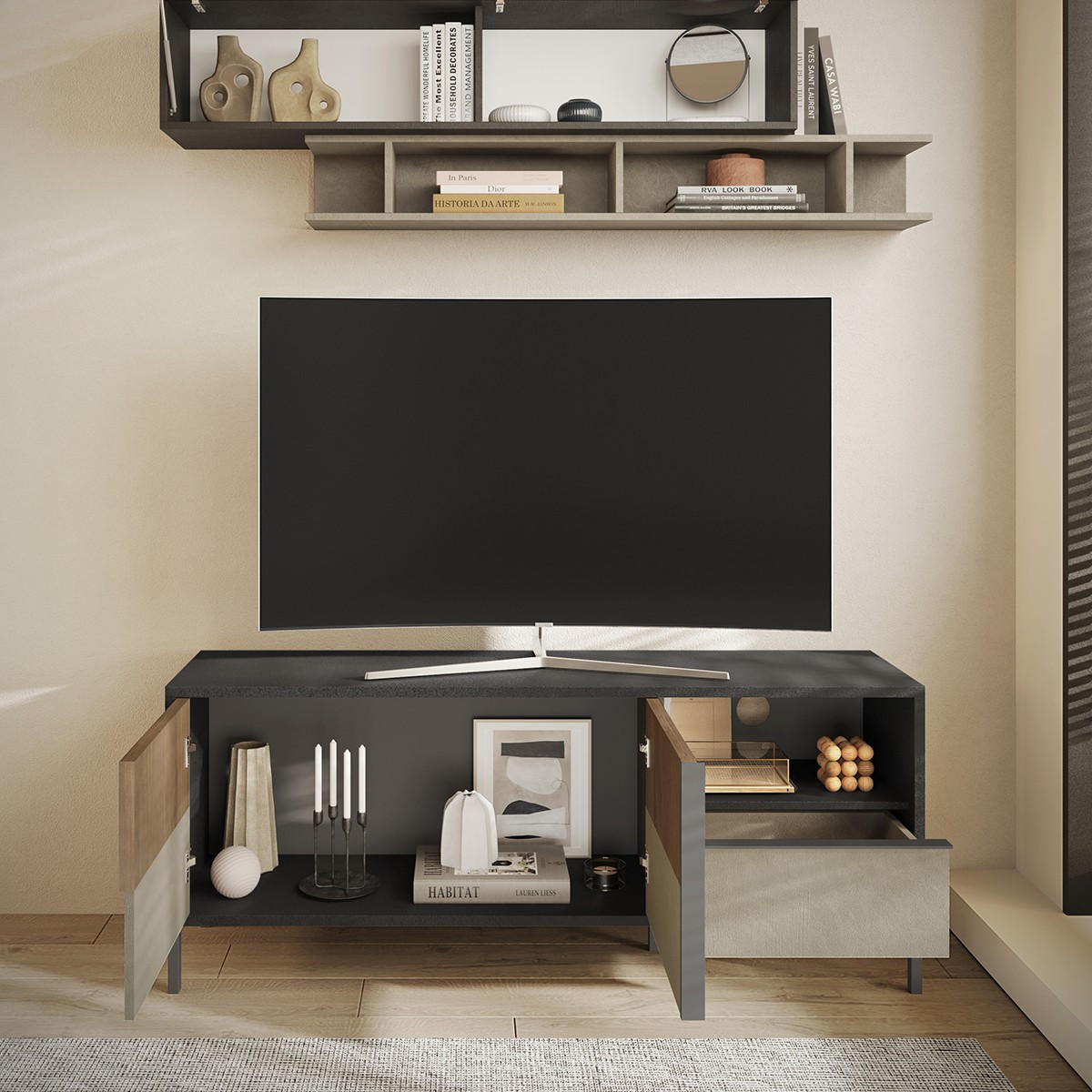 TV-MÖBEL mit 2 Türen, 1 Schublade und 1 Nische Everest - 156/40/64 cm - Grau, Holzwerkstoff (40/64/156cm) - Calicosy