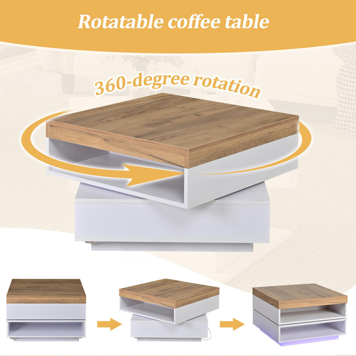 COUCHTISCH 65/65/40 cm Weiß/Holzton aus MDF mit 360° drehbarer Tischplatte und LED-Beleuchtung - Weiß, Holzwerkstoff (65/65/40cm) - OKMYHOME