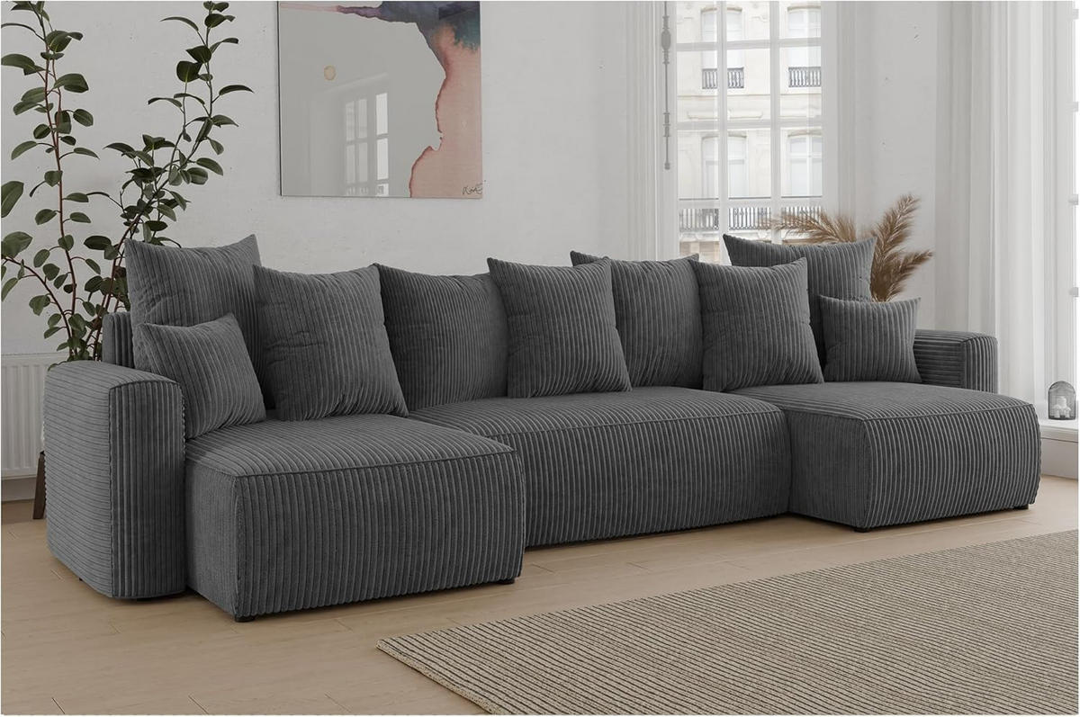 ECKSOFA DAVE U - Dunkelgrau/Schwarz, Holzwerkstoff (312/142cm) - Meblini