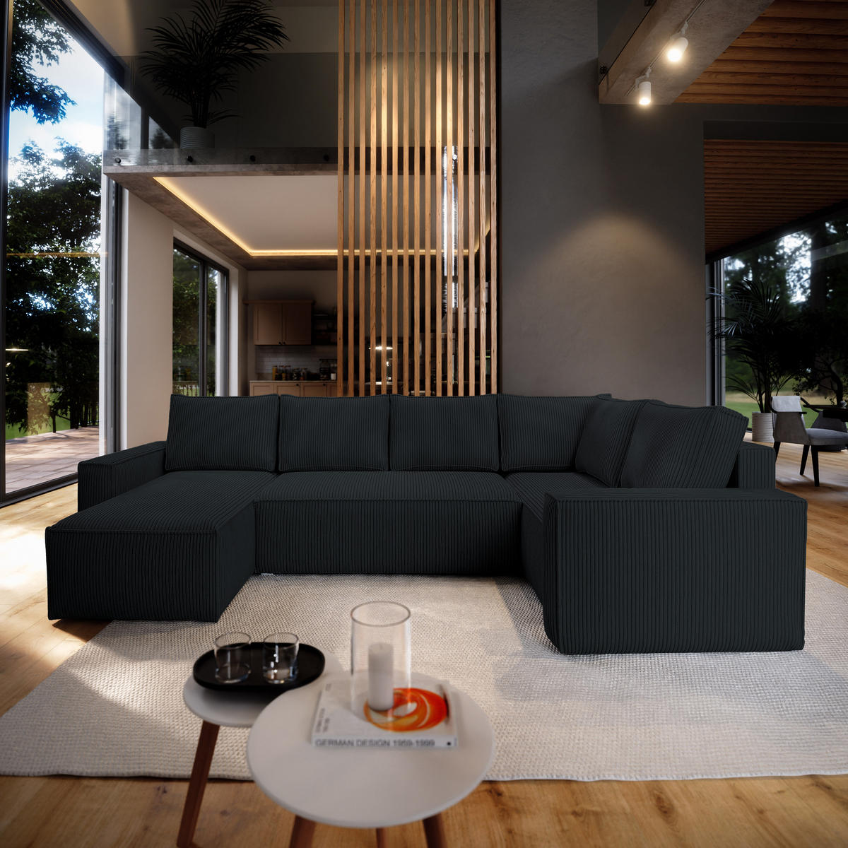 ROHOVÁ SEDAČKA NORENA černá - šedá/černá, dřevo/textil (295/157.5cm) - MASSENO