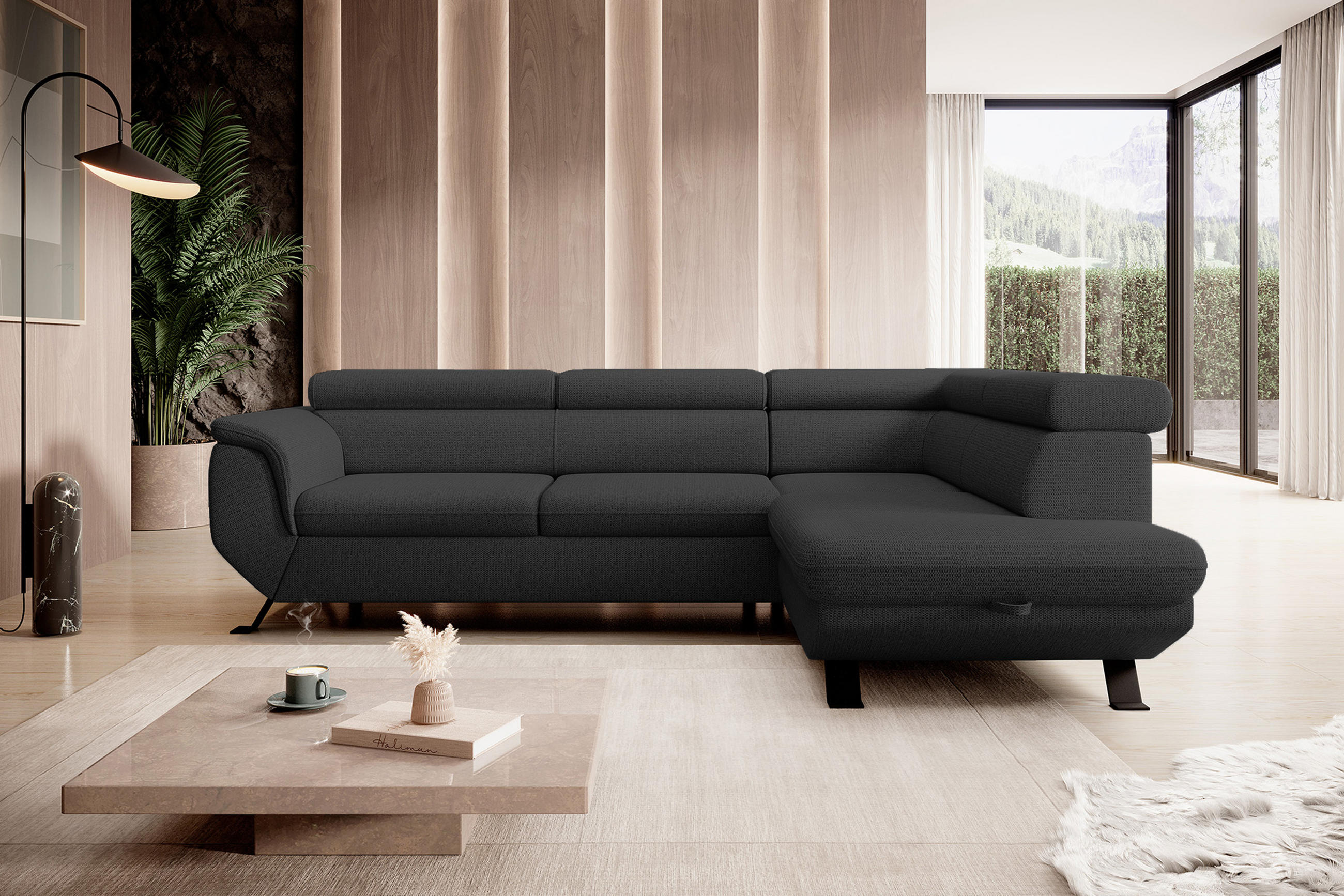 ECKSOFA Raven L mit Schlaffunktion und Bettkasten, Freistehend, Polstersofa mit Verstellbaren Kopfstützen, 257x198x96 cm – Rechte, Schwarz - Schwarz, Holz/Textil (256/198cm) - DomoHome